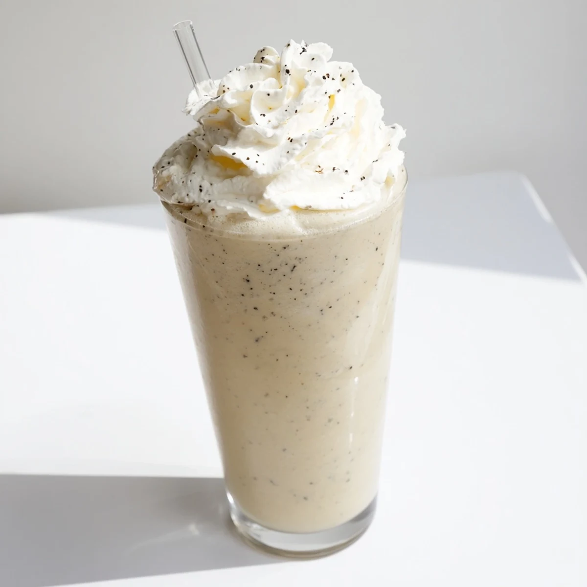 A frosty glass of Vanilla Bean Frappuccino topped with whipped cream and a vanilla bean pod.