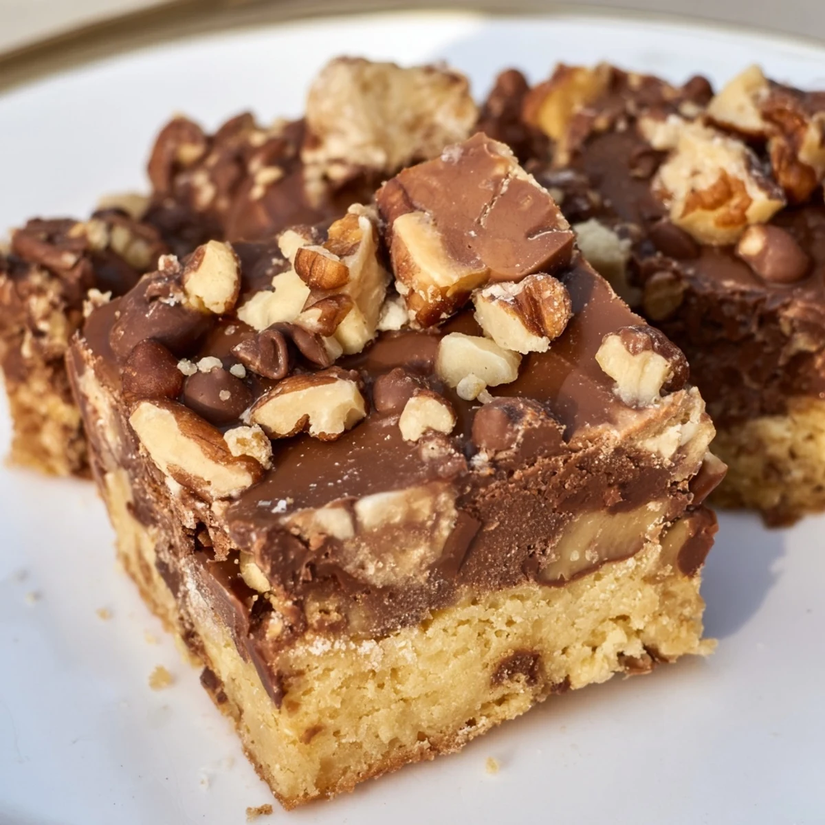 Golden-brown Cake Mix Toffee Bars in a baking pan, topped with melted chocolate and crunchy toffee bits.