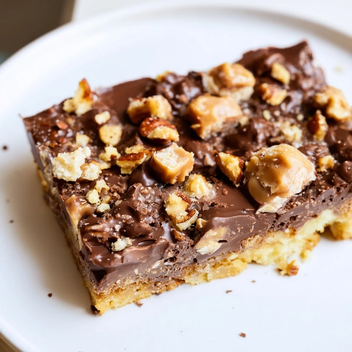 Close-up of sliced Cake Mix Toffee Bars revealing rich chocolate layer and buttery cake mix base.