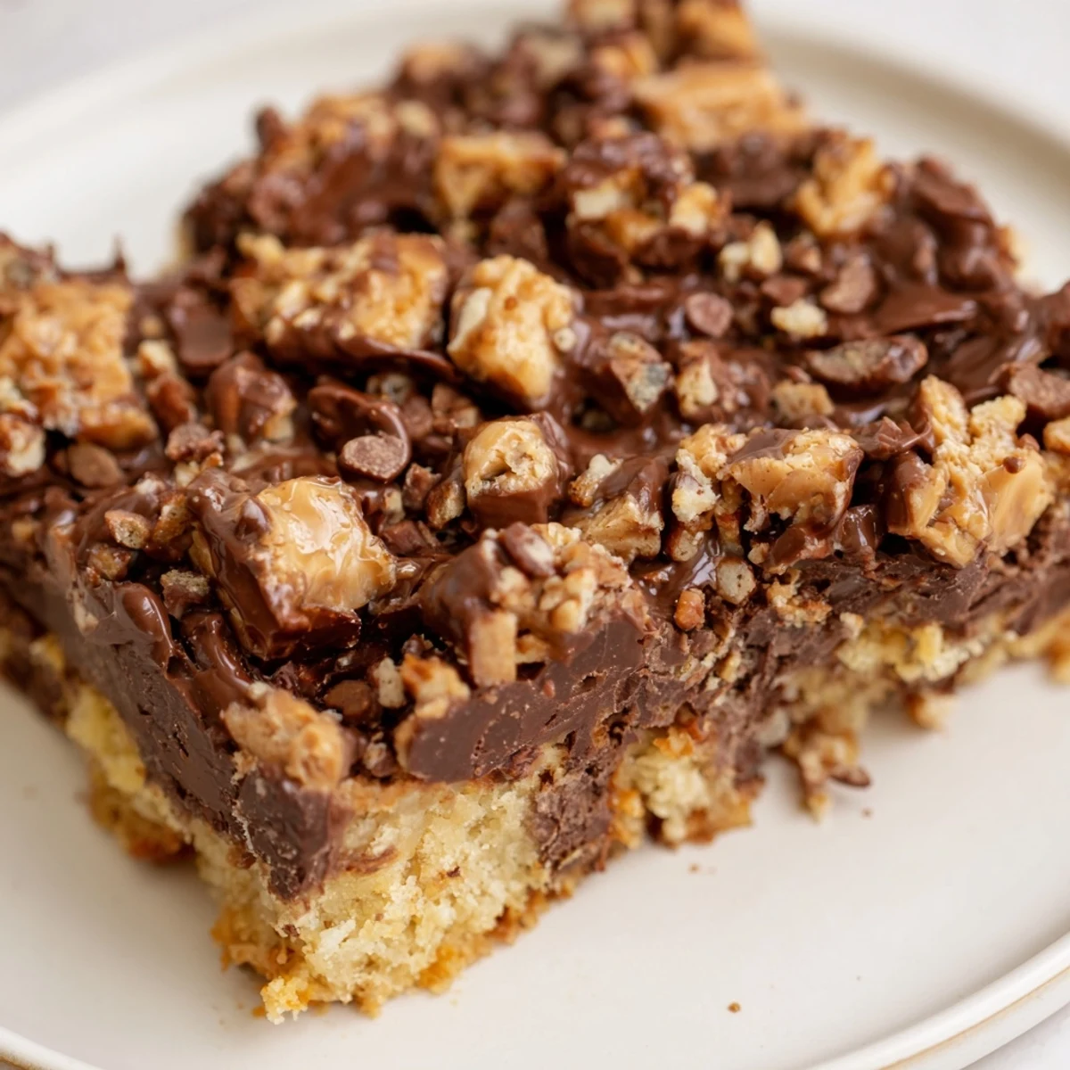 Stack of Cake Mix Toffee Bars on a white plate, showing soft chewy texture and toasted pecans.