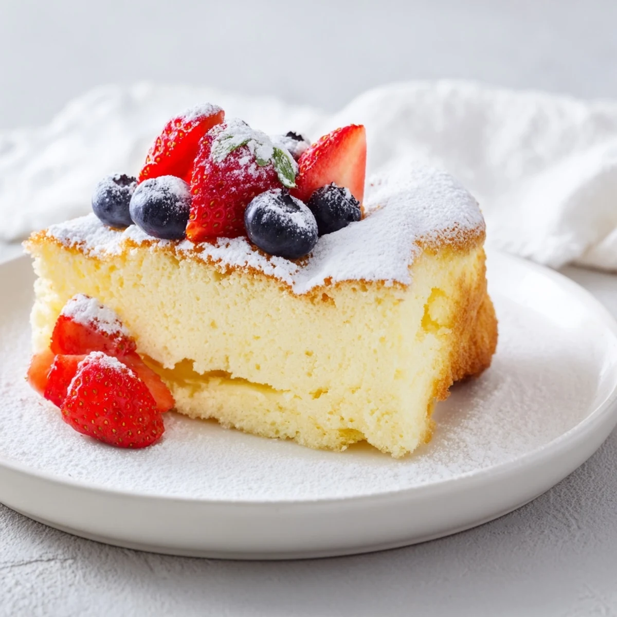 Golden-brown Fluffy Yogurt Cloud Cake rests on a white plate, dusted with powdered sugar and fresh raspberries scattered around.