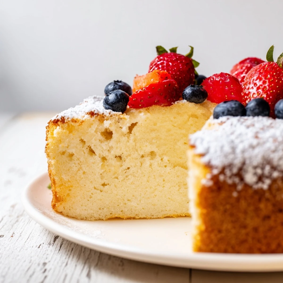 A slice of Fluffy Yogurt Cloud Cake reveals moist, airy crumb layers next to a serving bowl of sweet strawberries.