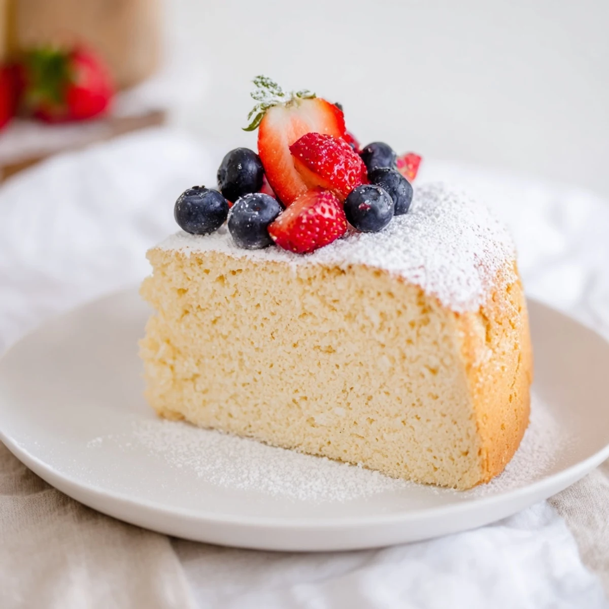 Fresh blueberries and mint garnish Fluffy Yogurt Cloud Cake presented on a rustic wooden board for a summer dessert.