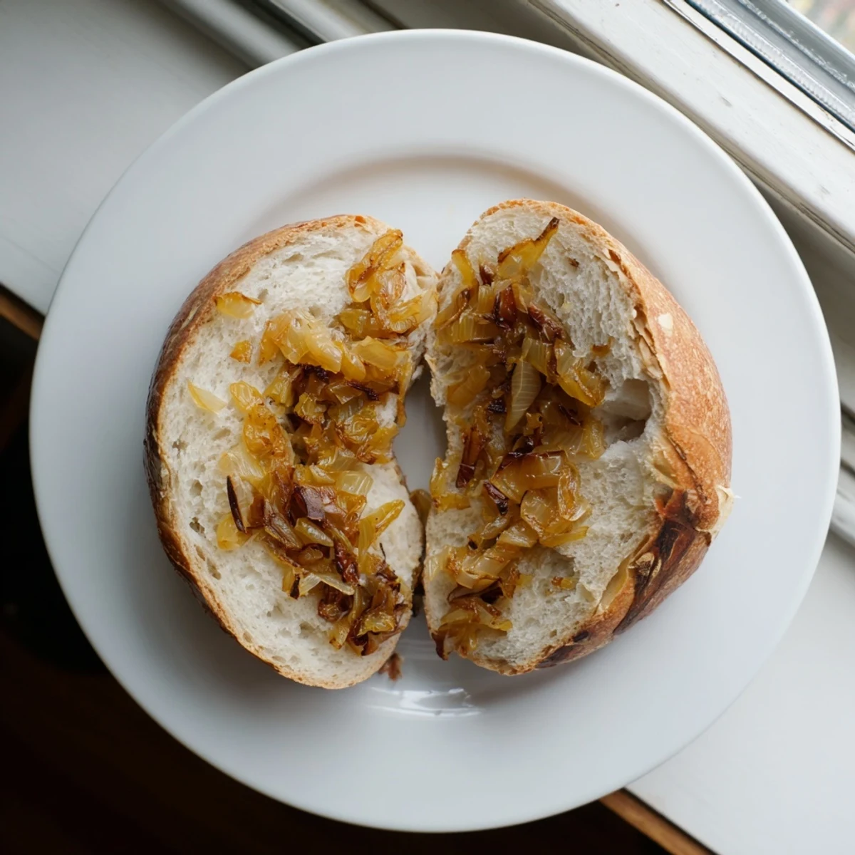 A close-up view of golden brown Sourdough Onion Bagels, featuring chewy crumb and sweet caramelized onion topping.