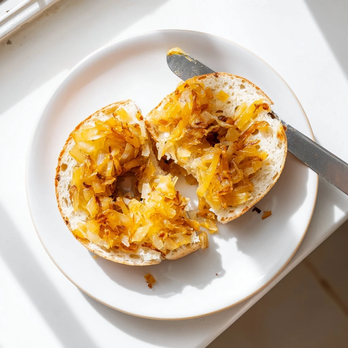 Freshly baked Sourdough Onion Bagels topped with golden caramelized onions and served on a rustic wooden cutting board.