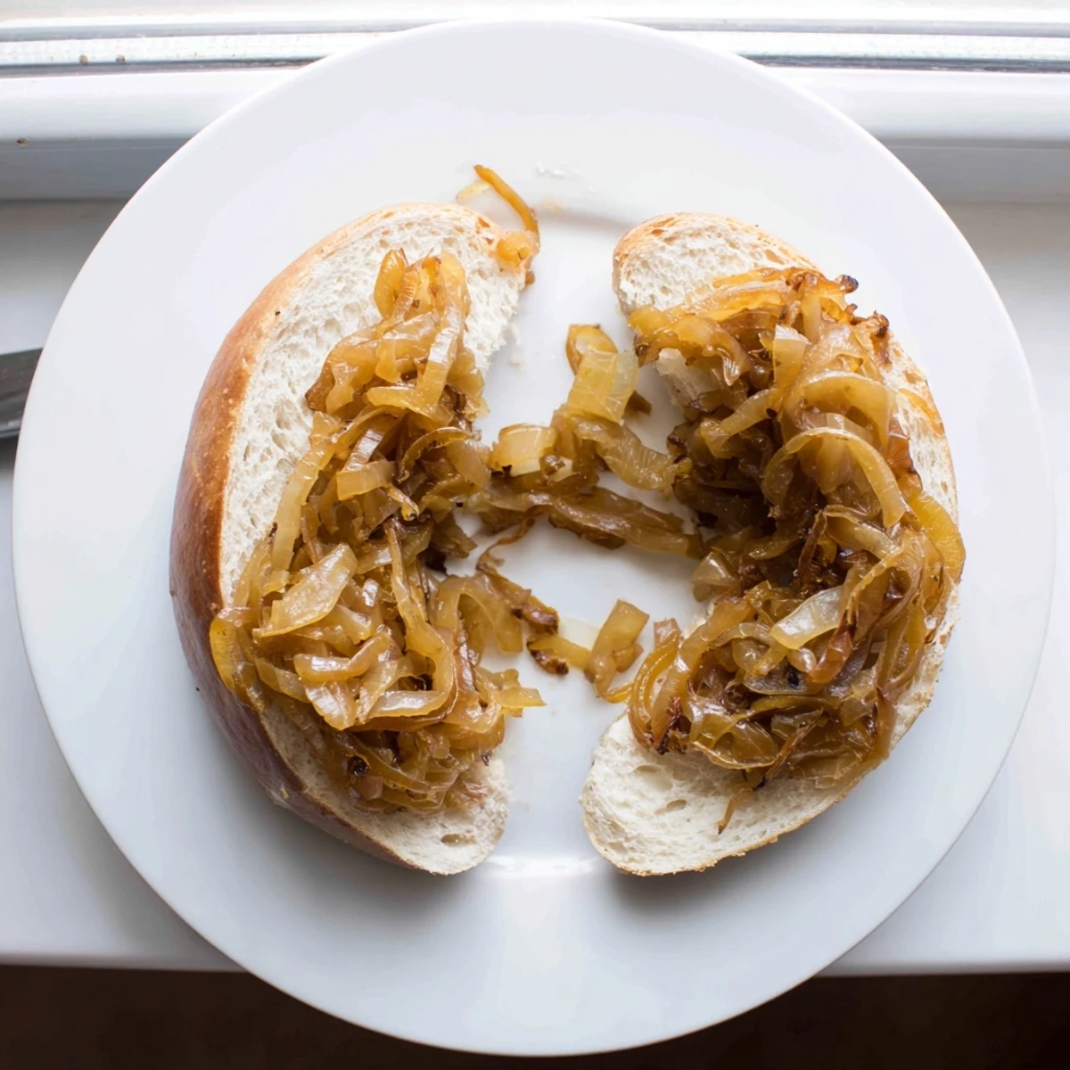Warm Sourdough Onion Bagels cooling on a wire rack, next to a small bowl of creamy herb spread.