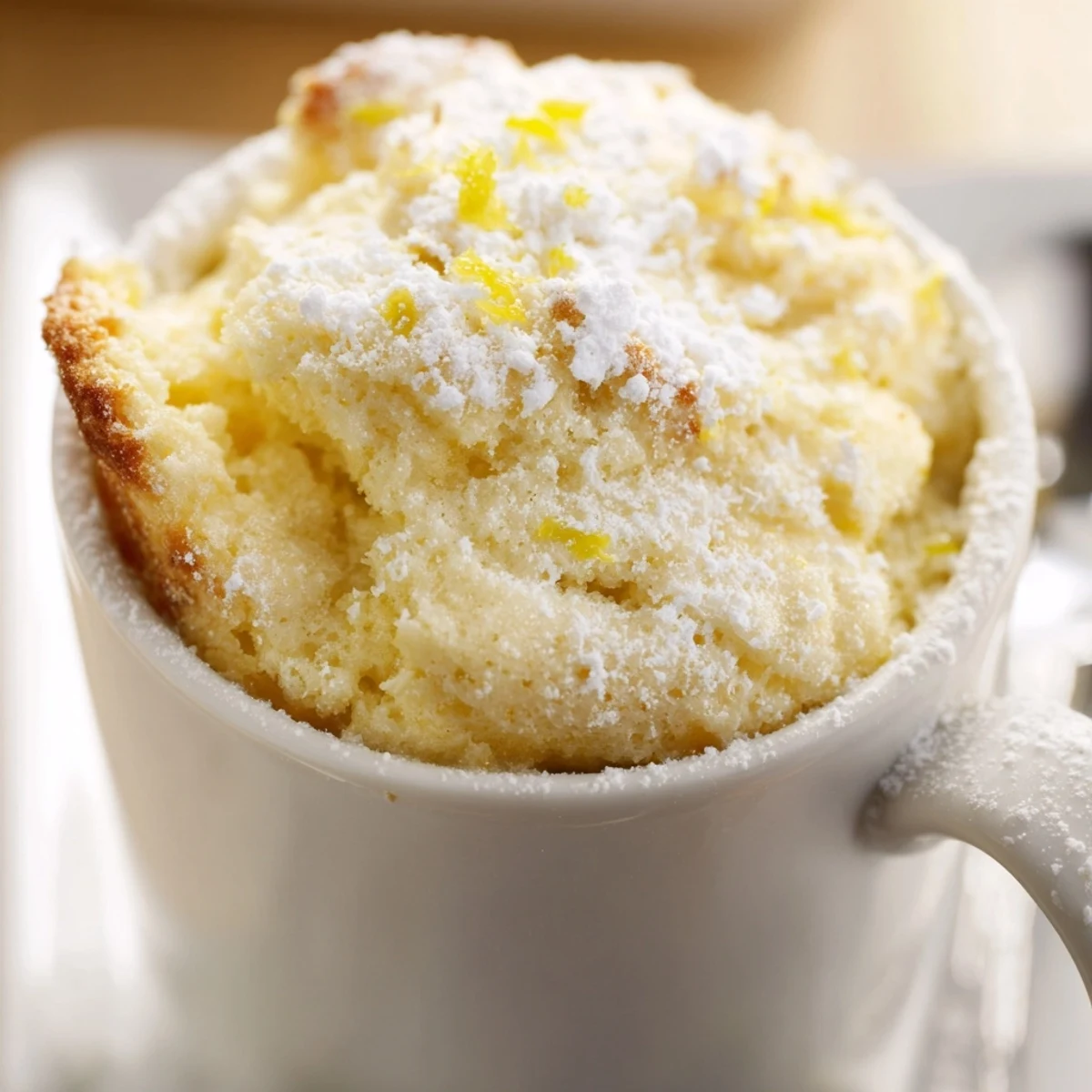 A close-up view of the finished Lemon Cottage Cheese Mug Cake in a ceramic mug, garnished with lemon zest.