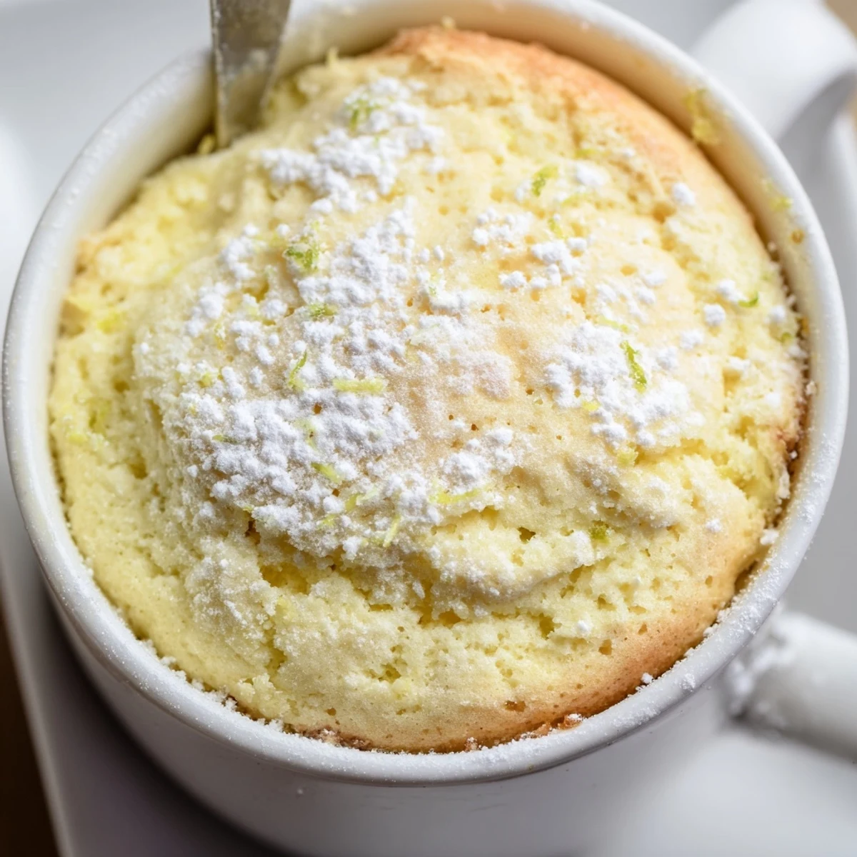 The fluffy interior of the Lemon Cottage Cheese Mug Cake is shown on a wooden table next to fresh lemon slices.