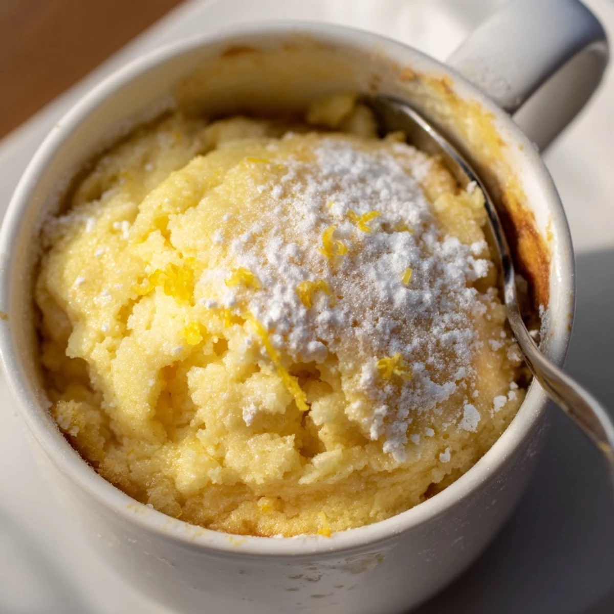 Steaming Lemon Cottage Cheese Mug Cake topped with powdered sugar sits beside a cup of coffee in bright morning light.