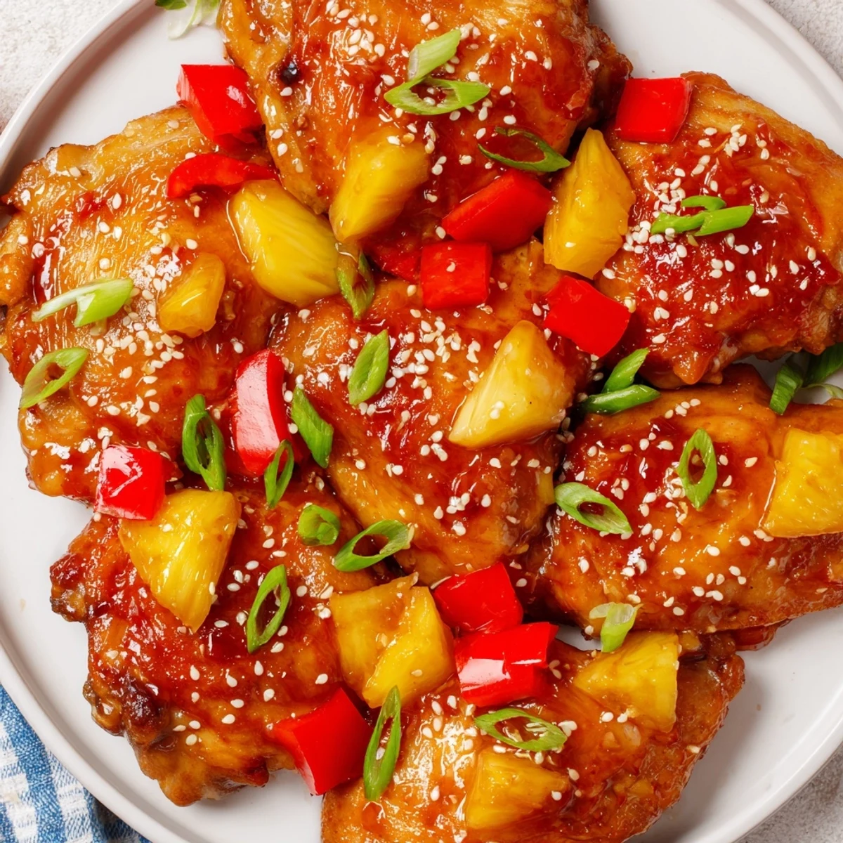 Glistening Sticky Pineapple Chicken pieces served over fluffy white rice, garnished with green onions.