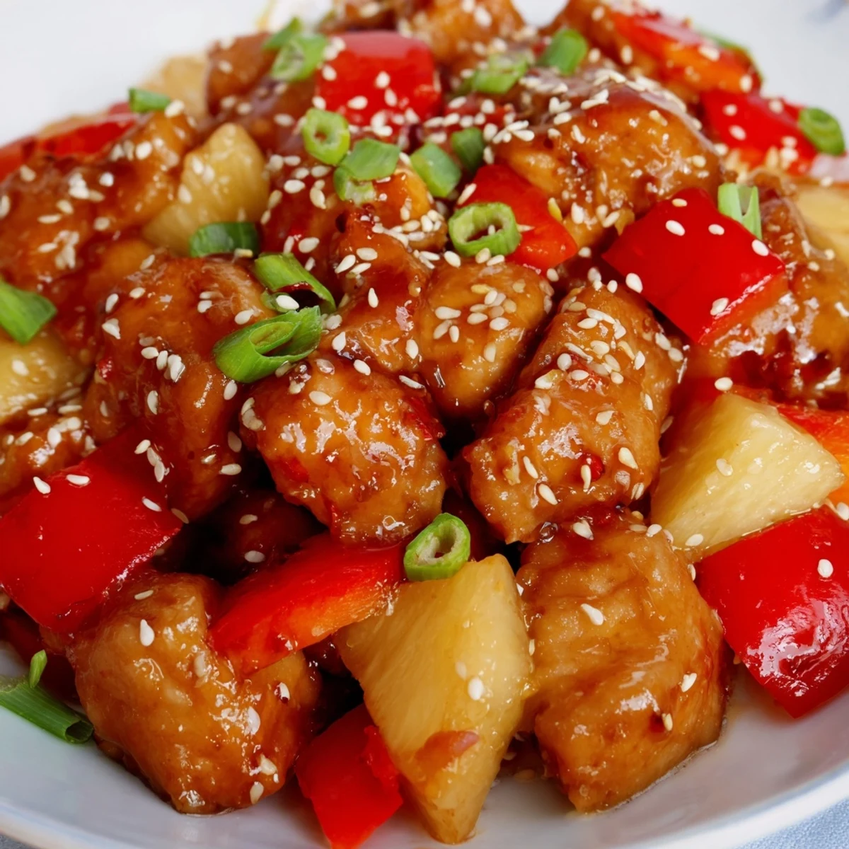 Sticky Pineapple Chicken with tender chicken thigh chunks in a glossy, sweet and tangy sauce.