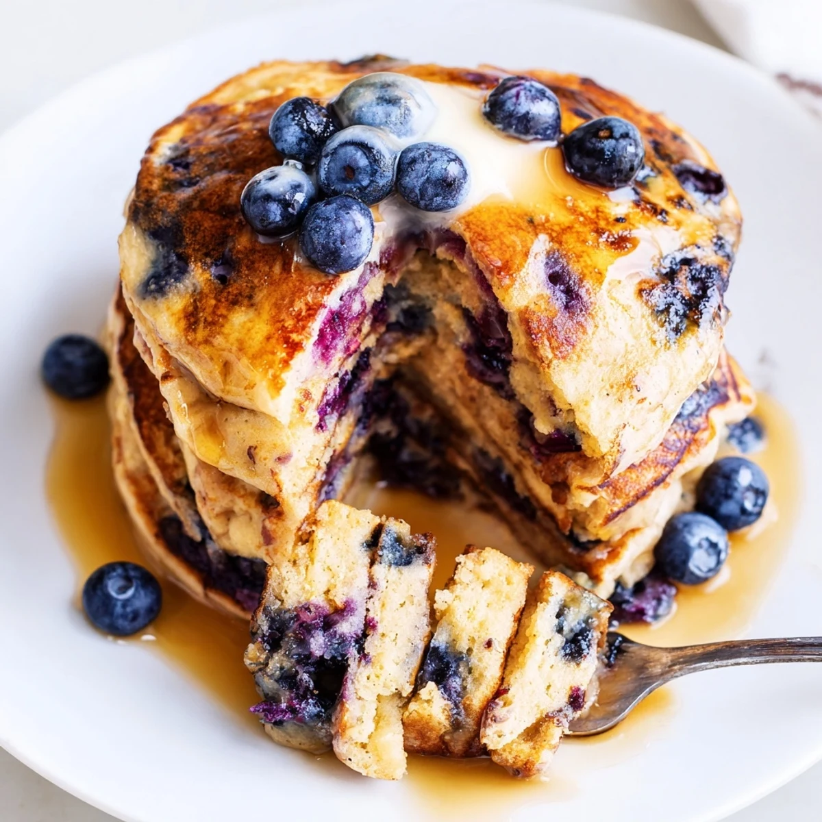 A close-up of Fluffy Greek Yogurt Blueberry Pancakes showing fluffy texture and juicy blueberries in each bite.  
