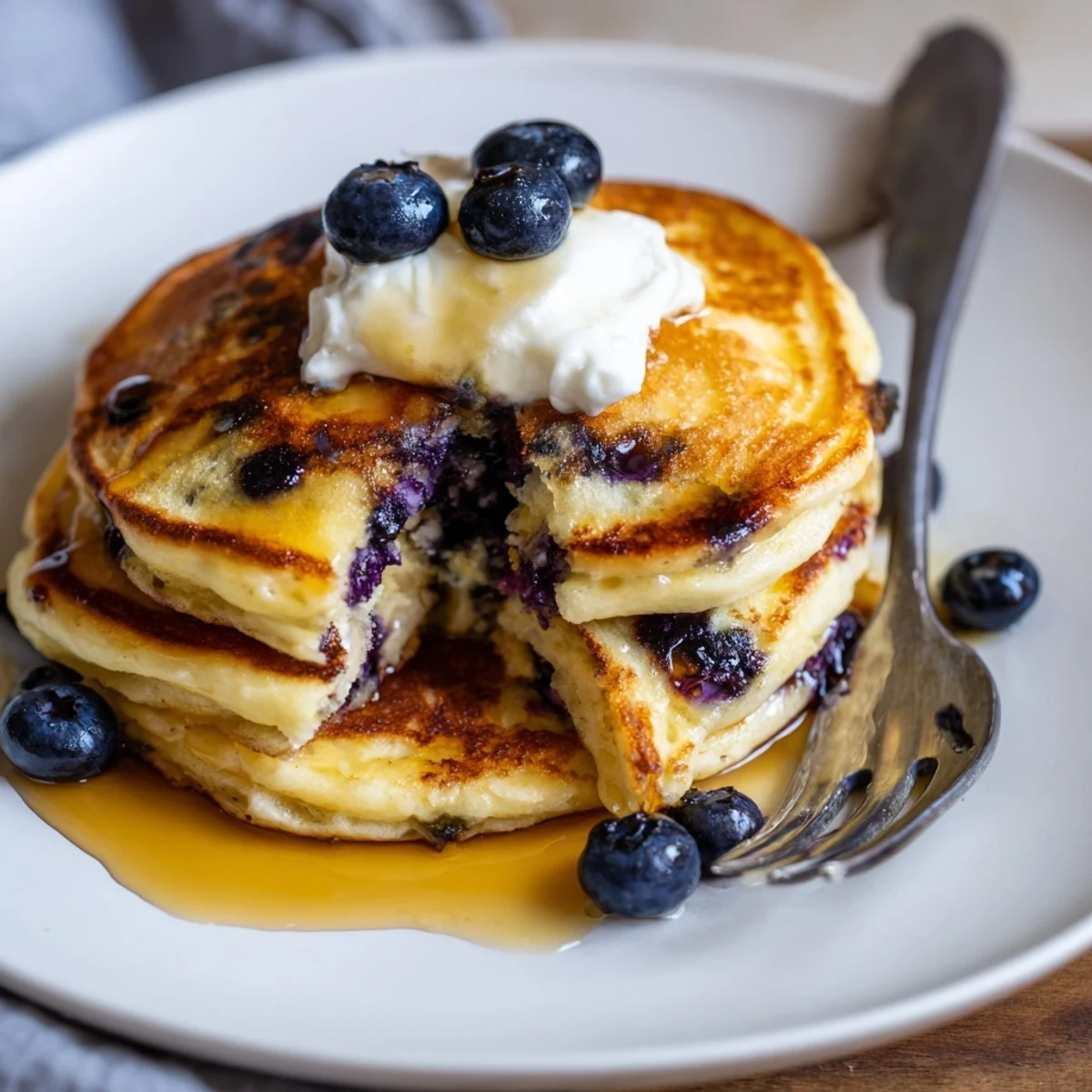 Fluffy Greek Yogurt Blueberry Pancakes stacked high on a plate with a drizzle of maple syrup and fresh blueberries.  