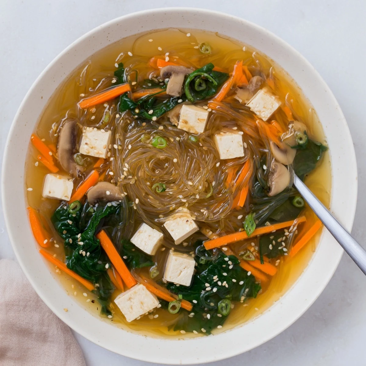 Japanese Harusame Noodle Soup features glass noodles, shiitake mushrooms, and fresh spinach in a light dashi broth.