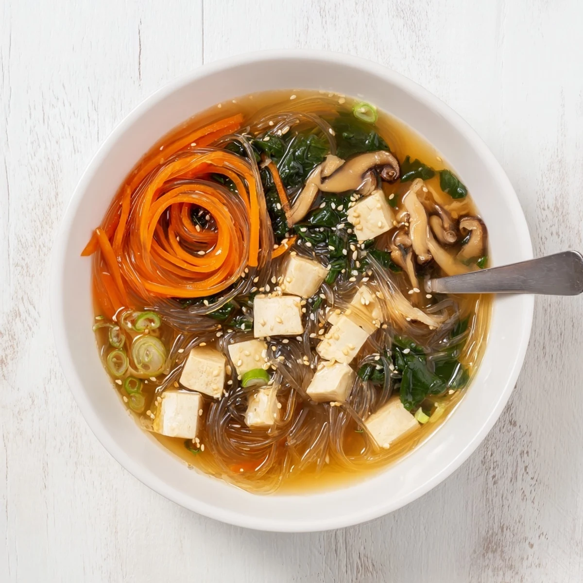 A close-up of Japanese Harusame Noodle Soup in a white bowl with steam rising from the savory broth.