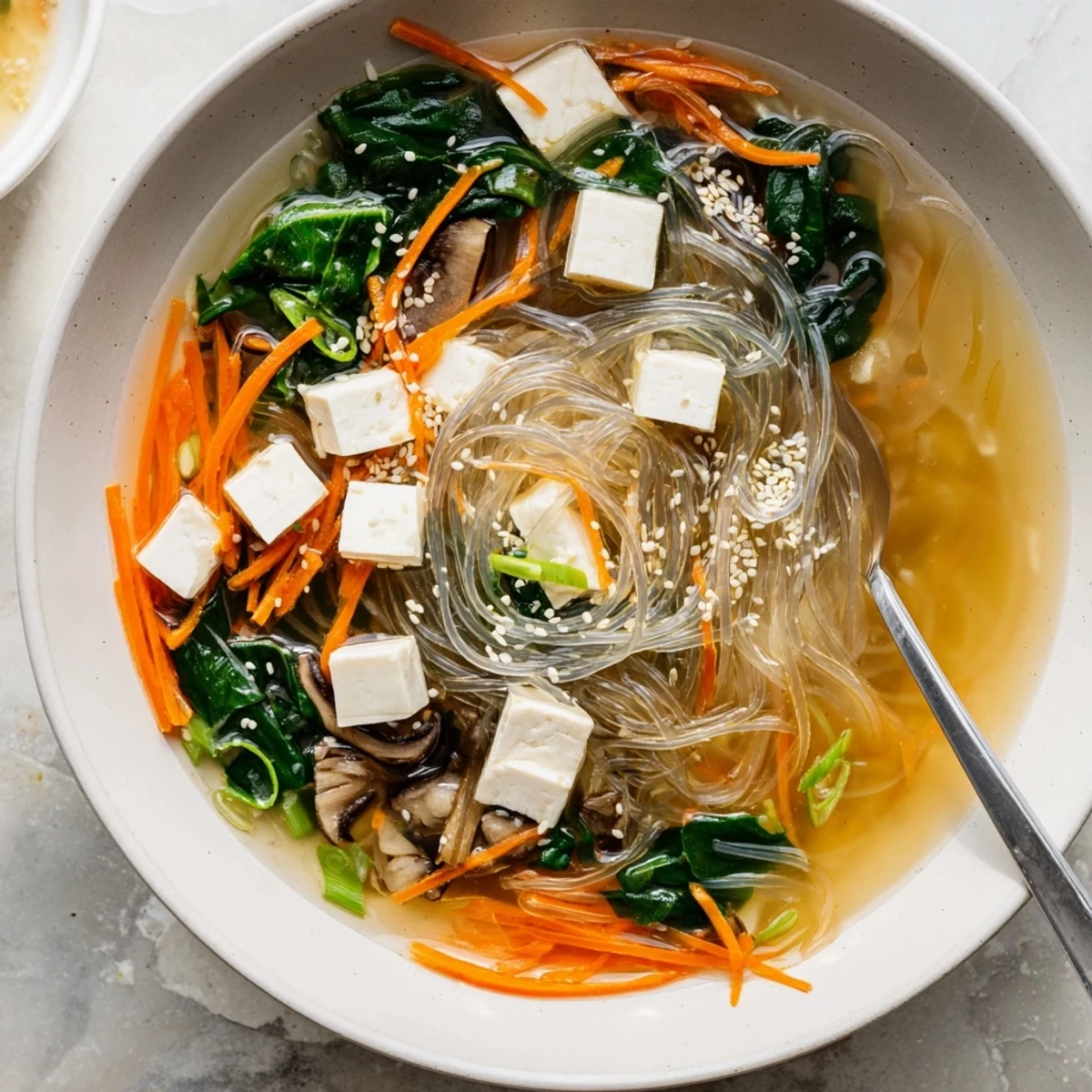 A colorful serving of Japanese Harusame Noodle Soup garnished with sesame seeds and spring onions on a wooden table.