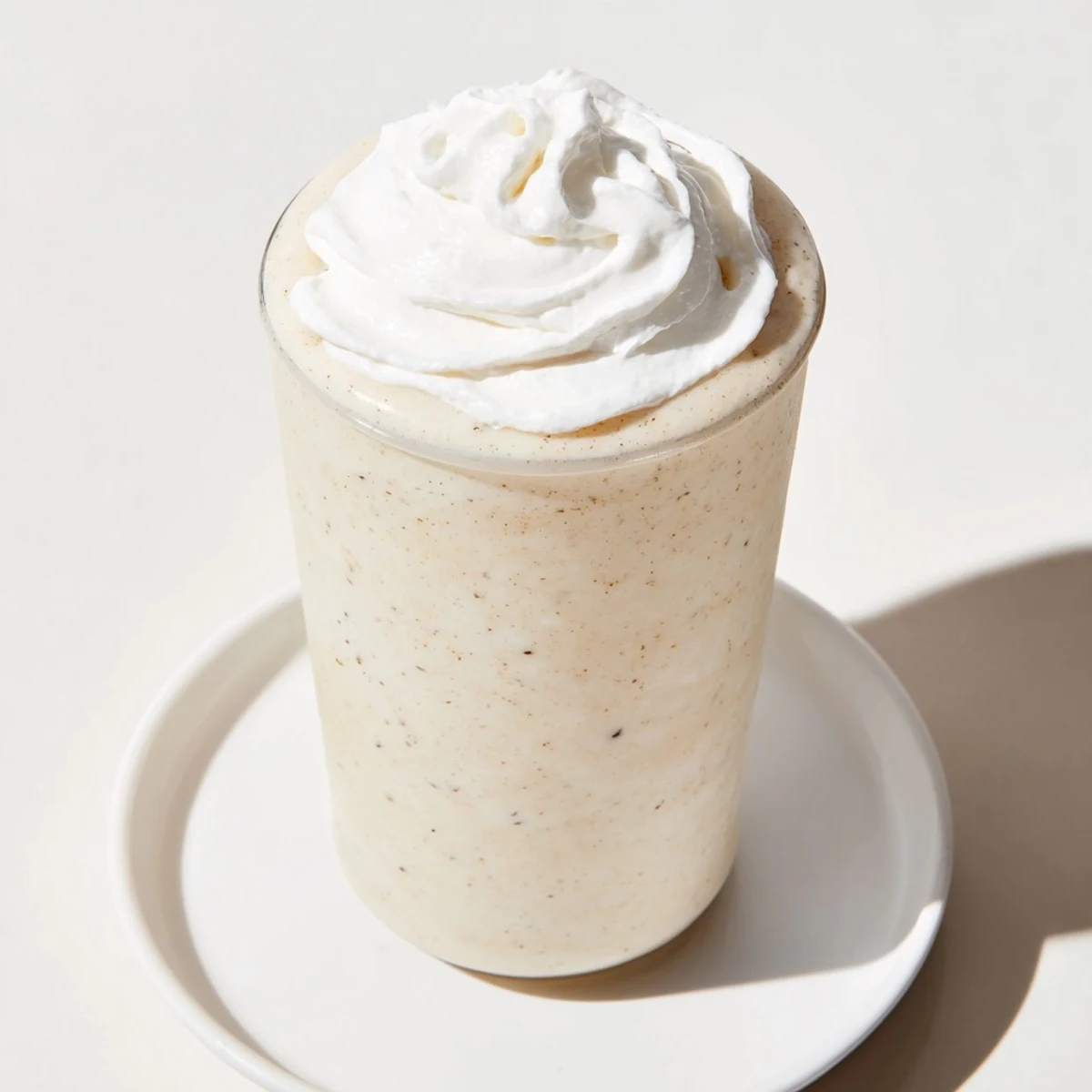 Creamy Starbucks Vanilla Bean Frappuccino blended with ice and milk, topped with whipped cream in a tall glass.