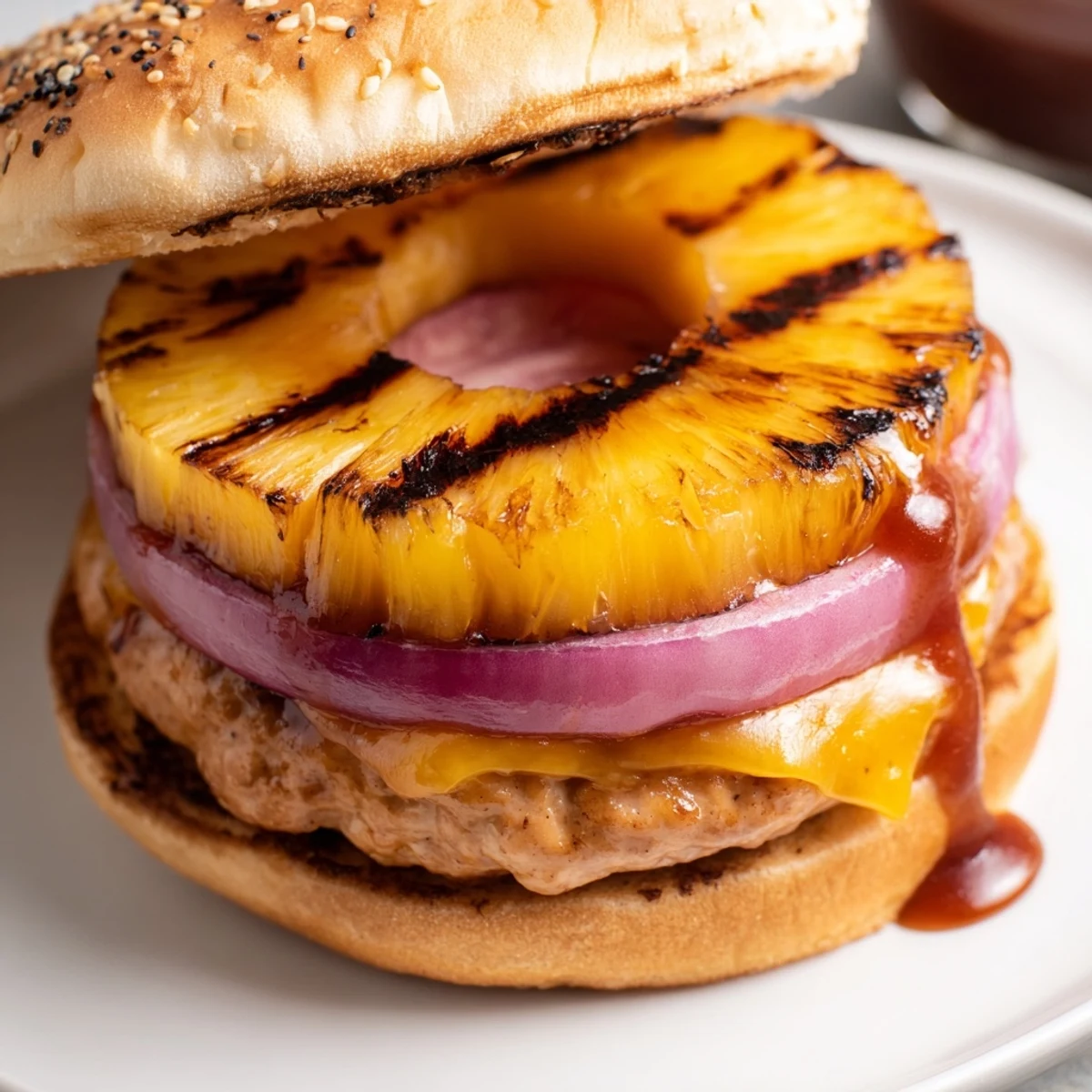 The Hawaiian Pineapple Chicken Burger sits on a rustic wooden board beside sweet potato fries and fresh sliced tomatoes, ready to serve.
