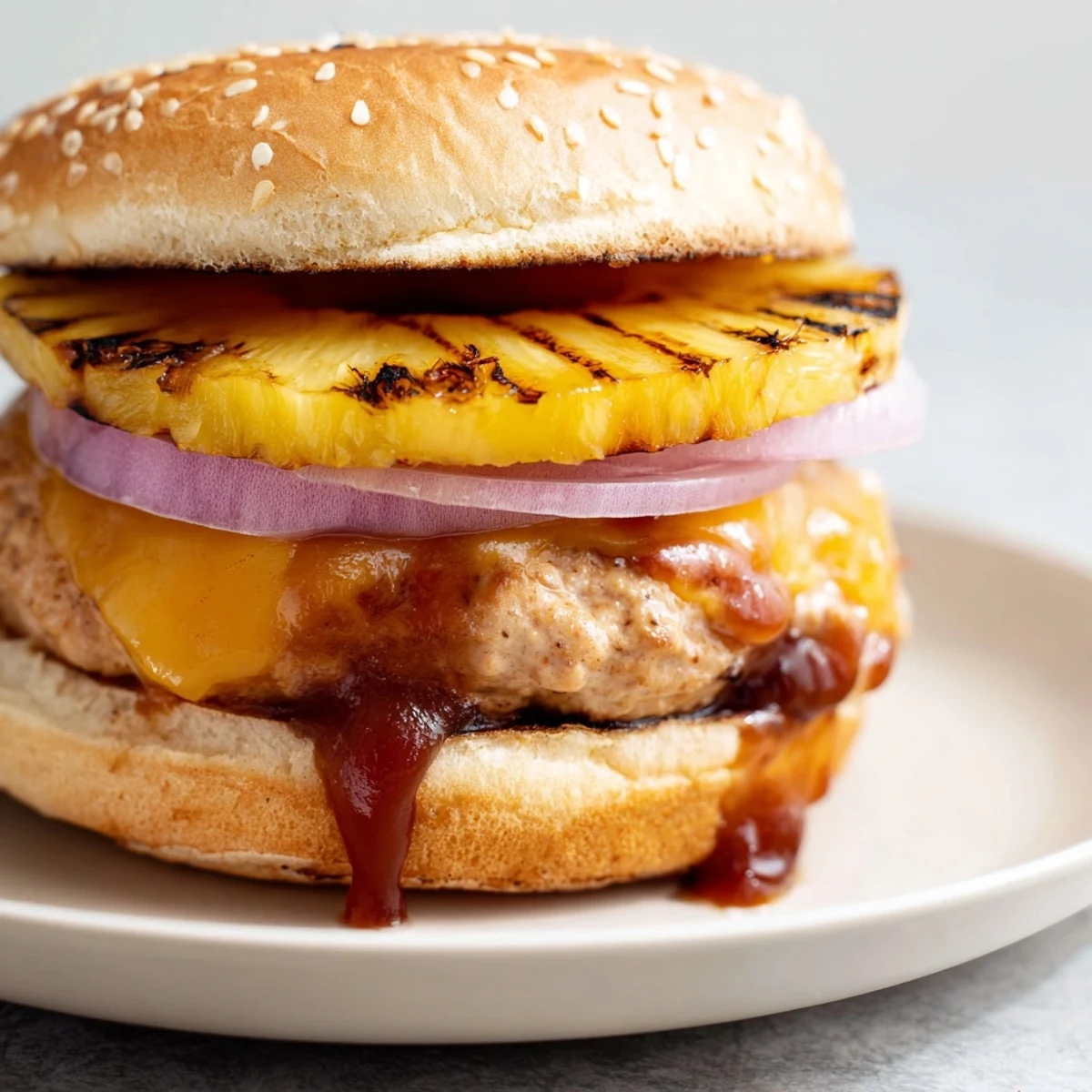 A close-up of the Hawaiian Pineapple Chicken Burger with a juicy grilled patty, melted cheese, and caramelized pineapple ring on a toasted bun.