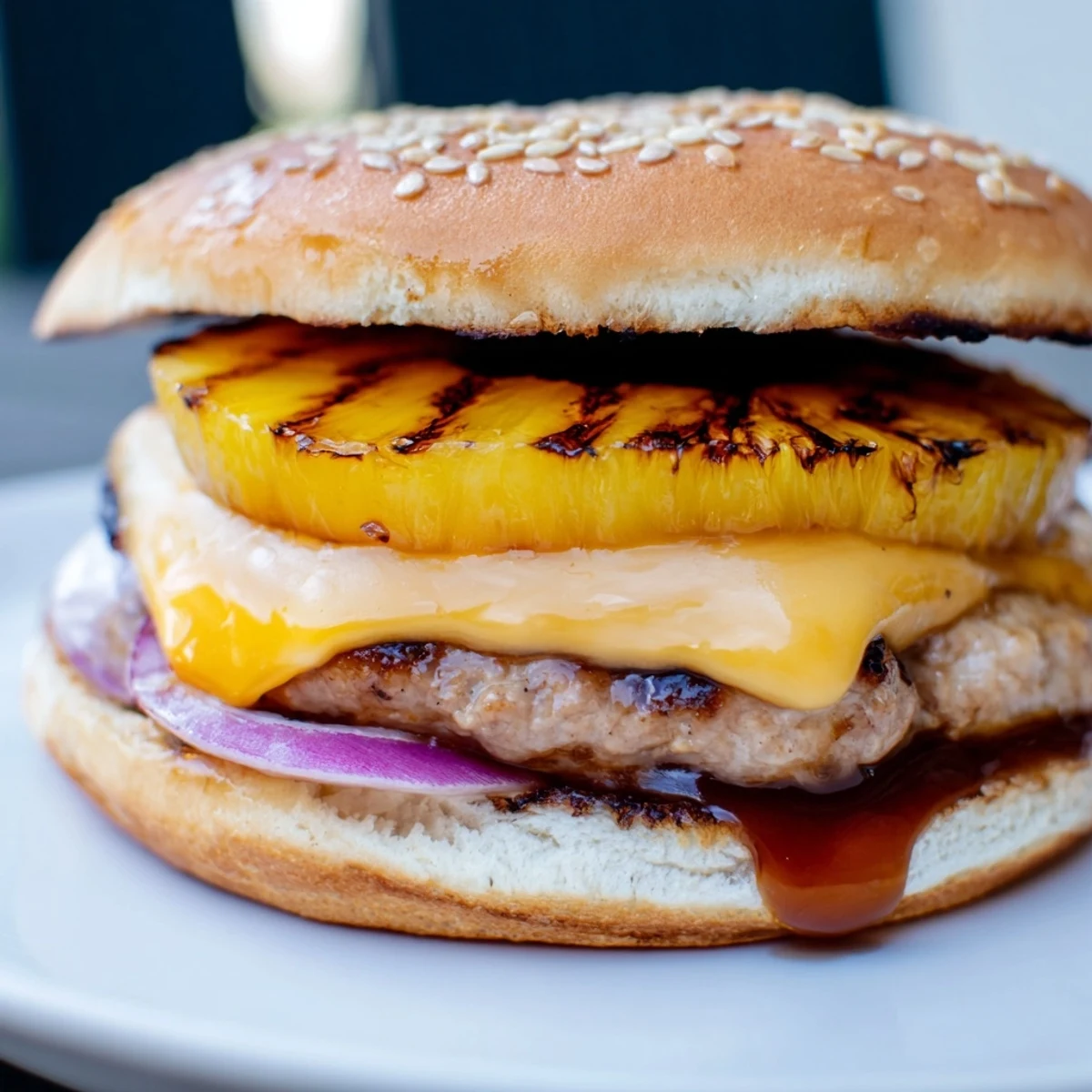 Fresh lettuce and red onion peek from the Hawaiian Pineapple Chicken Burger, with barbecue sauce dripping onto a plate at an outdoor barbecue.