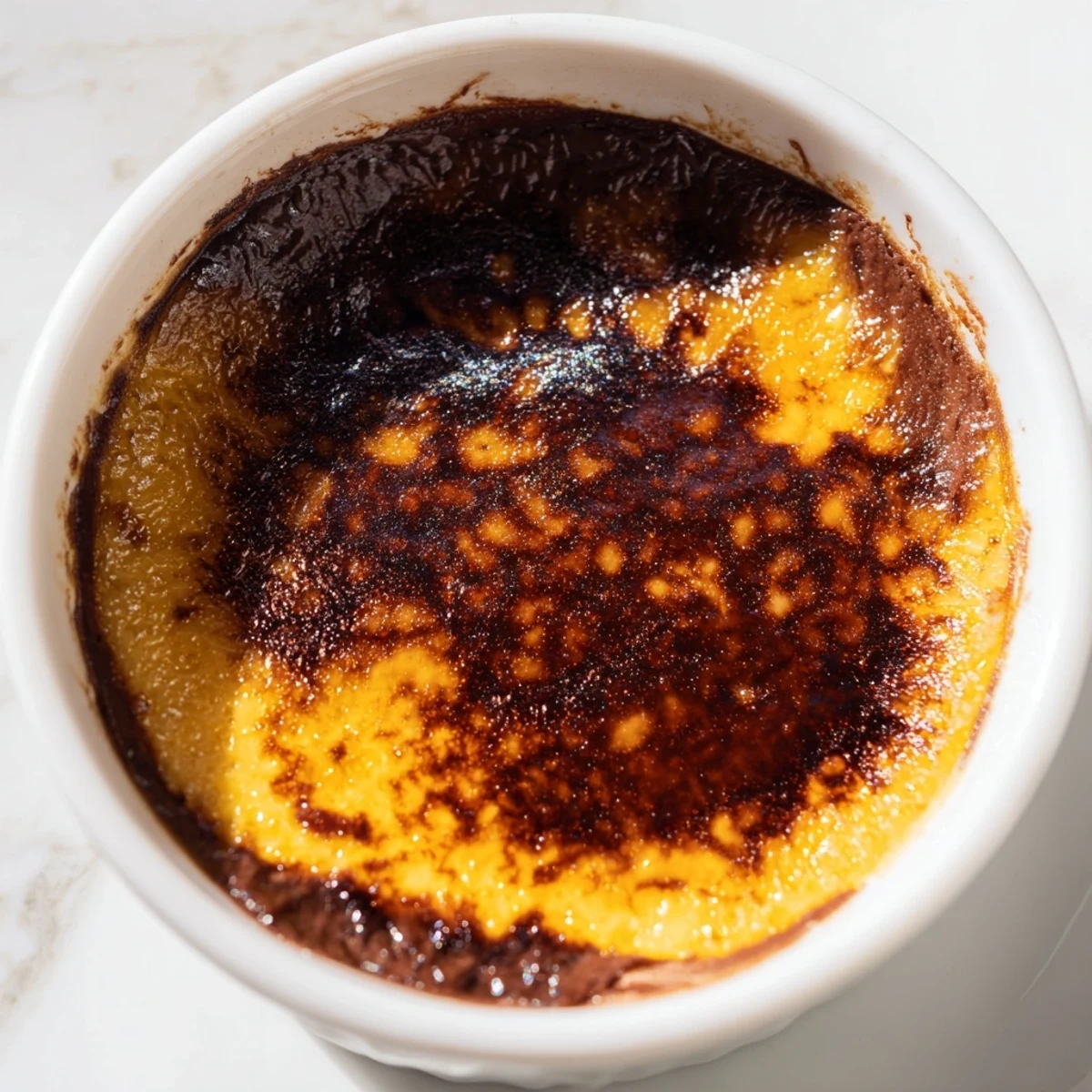 A spoon cracks the golden, caramelized sugar crust of Chocolate Crème Brûlée for Valentines Day, revealing the rich, dark chocolate custard beneath for a romantic dessert.
