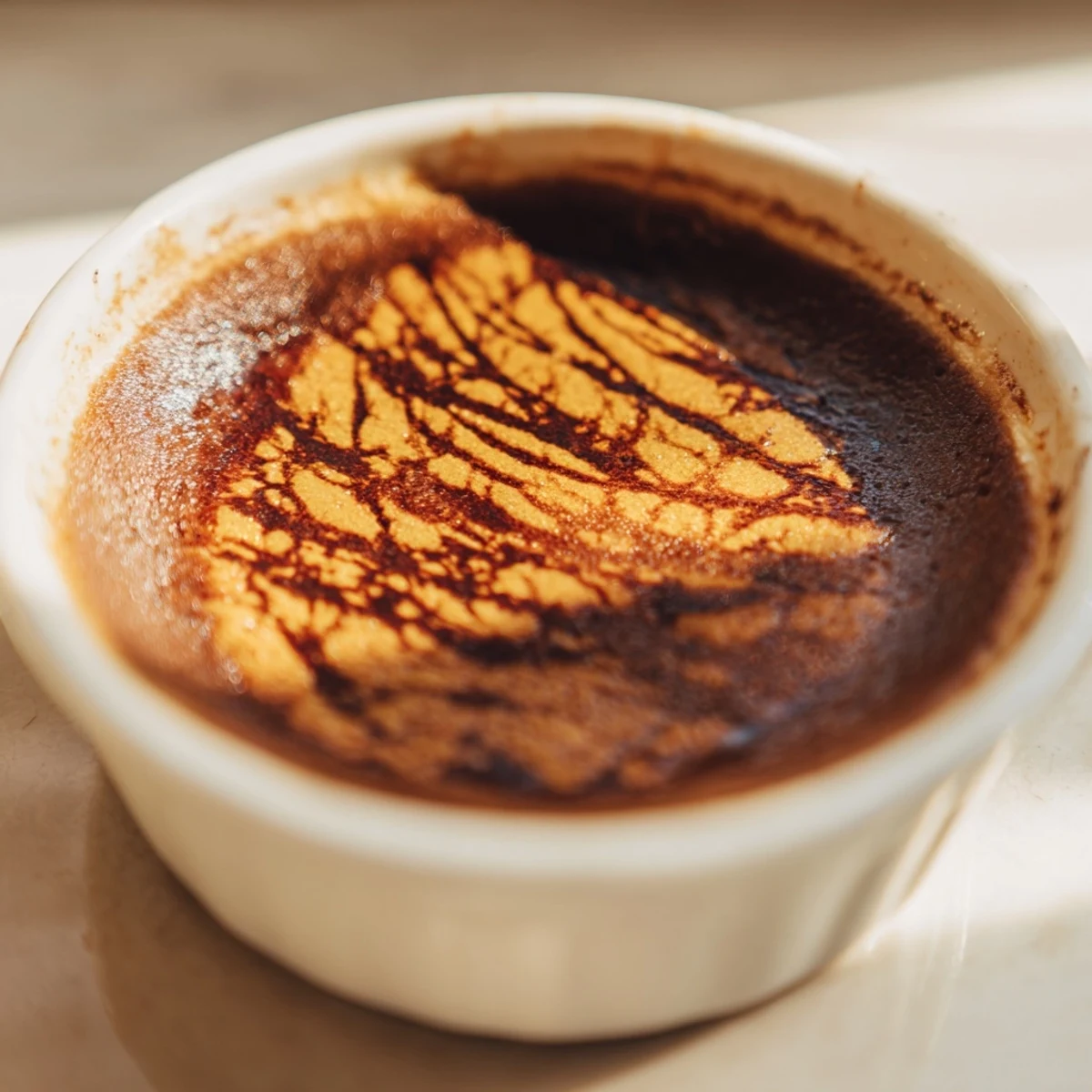 Close up of Chocolate Crème Brûlée for Valentines Day with a garnish of fresh raspberries, highlighting the glossy, torch-burnt sugar top and creamy chocolate texture.