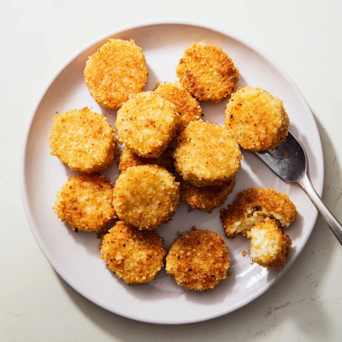 Freshly fried Crispy Cottage Cheese Treats on paper towels, alongside a bowl of spicy ketchup for dipping.