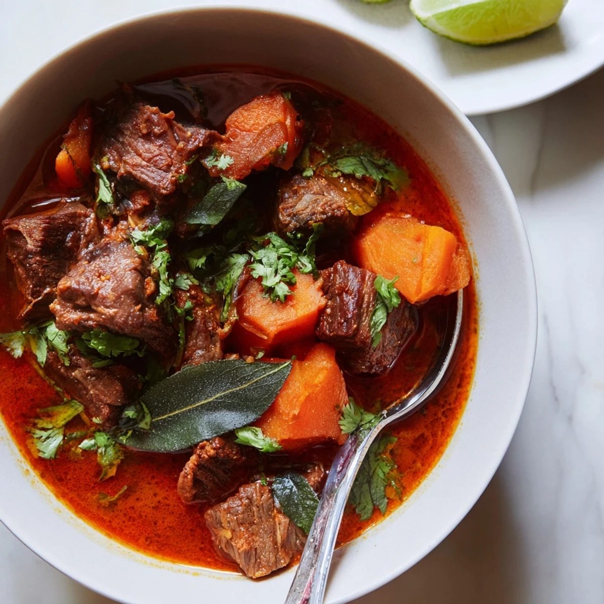 A hearty bowl of Bo Kho with tender beef chunks, bright carrots, and fresh herbs, served with a crusty baguette for dipping.