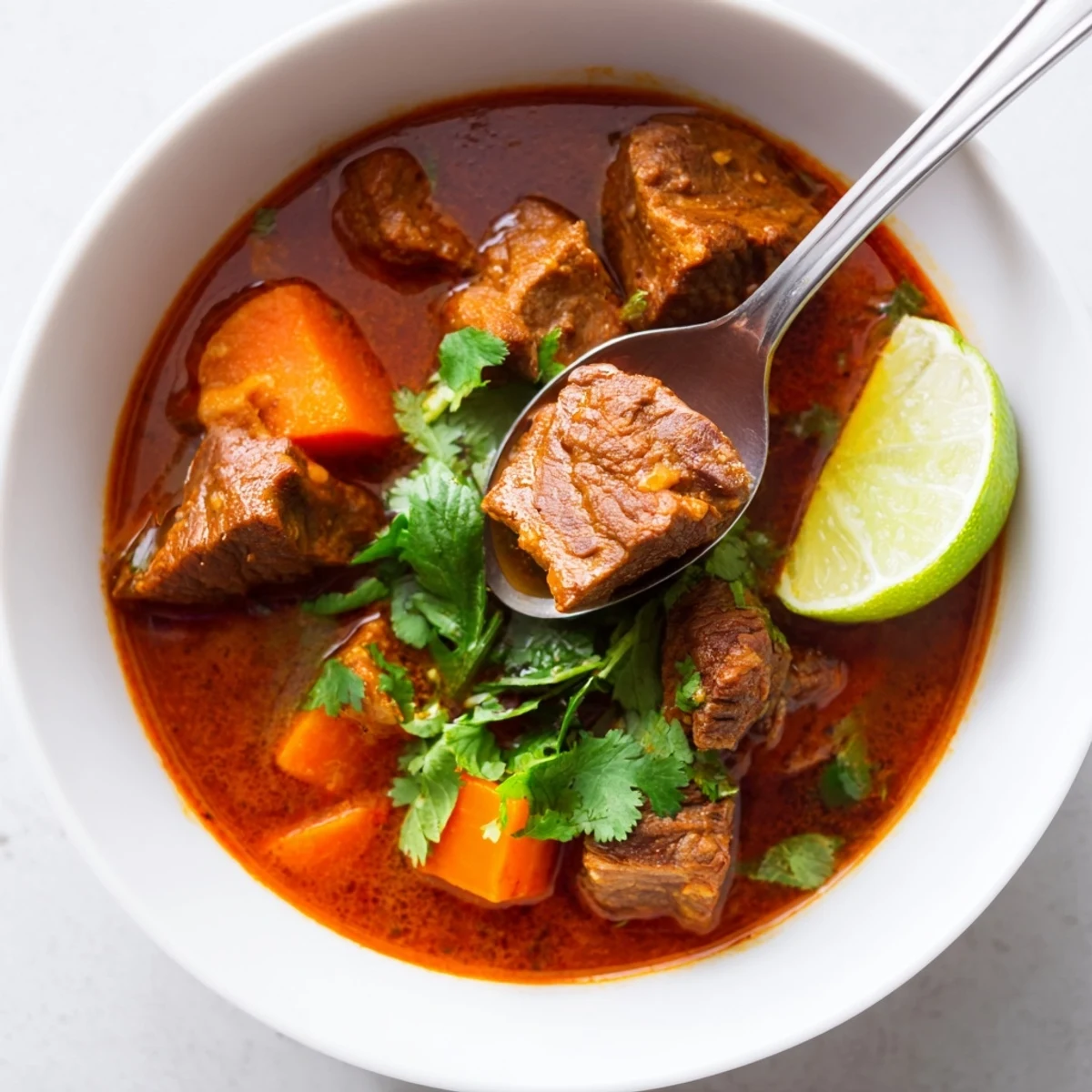 Steaming Vietnamese beef stew Bo Kho in a rustic pot, featuring lemongrass aromatics and star anise, garnished with cilantro and lime wedges.