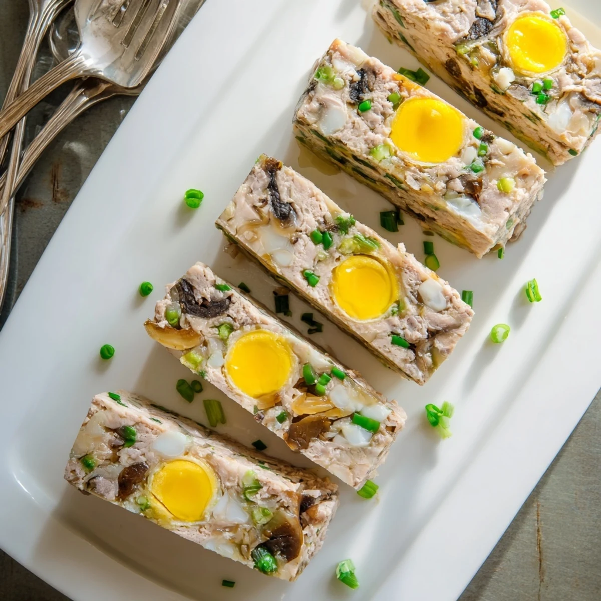 Sliced Cha Trung Hap revealing tender pork, wood ear mushrooms, and glass noodles, arranged for a comforting Vietnamese meal.