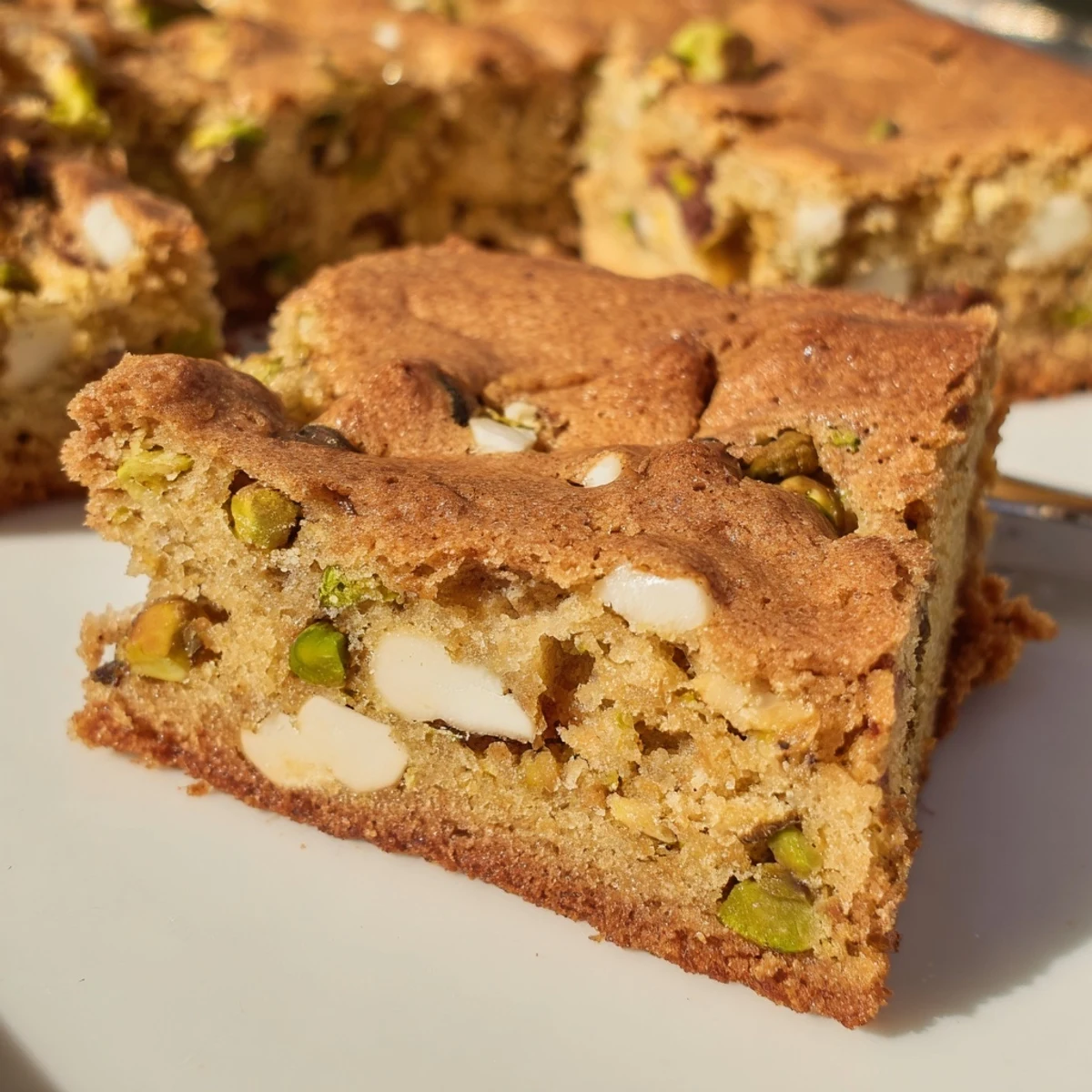 Freshly baked pistachio blondies with golden edges and toasted green nuts on a wooden board.