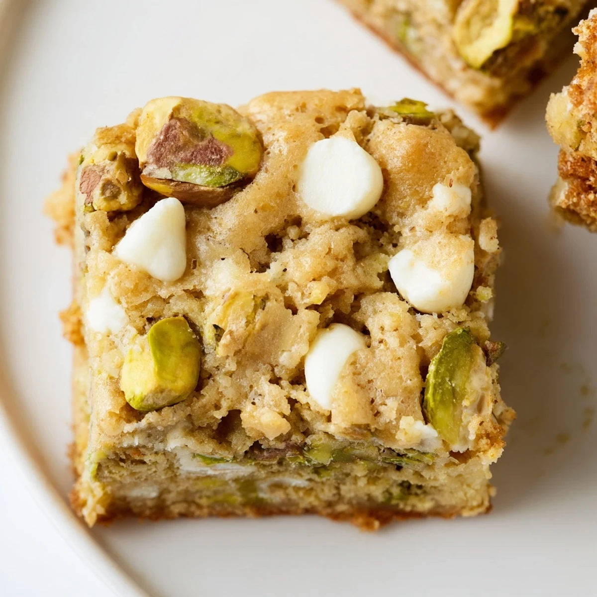 Sliced pistachio blondies showing chewy texture and melted white chocolate chips, served on a plate.