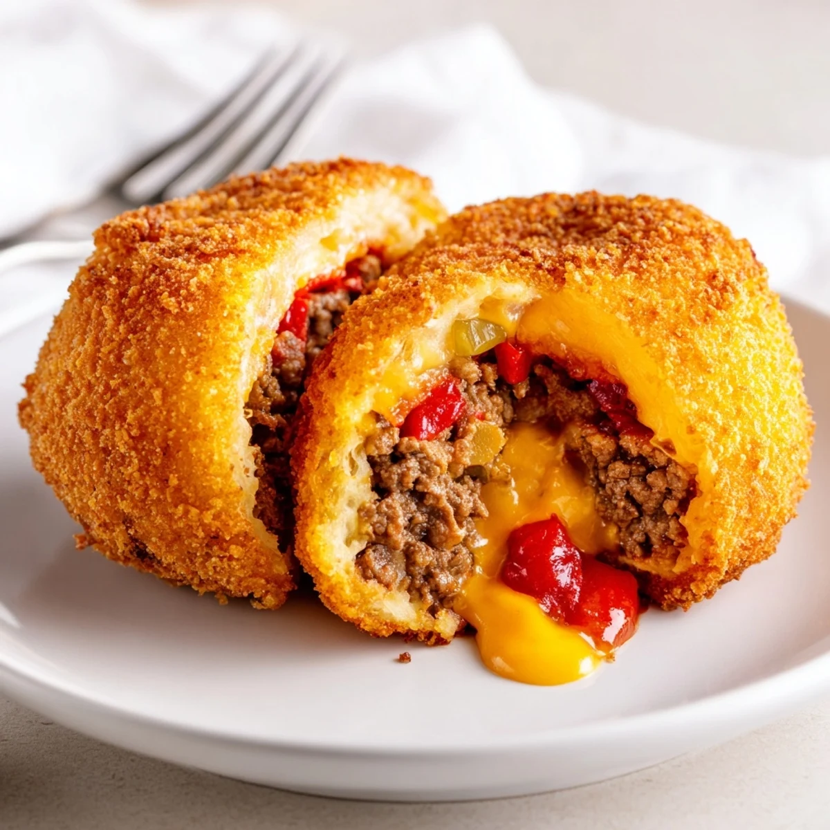Golden, crispy cheeseburger onion ring rolls sit on a plate with ketchup and mustard for dipping.