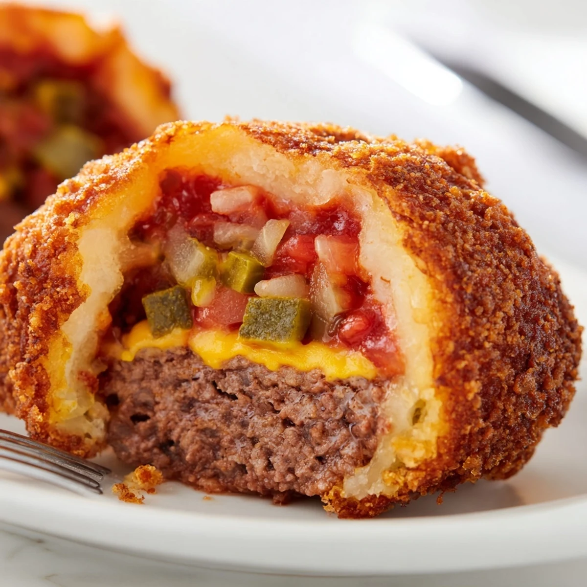 A plate of golden brown cheeseburger onion ring rolls with dipping sauce on the side.