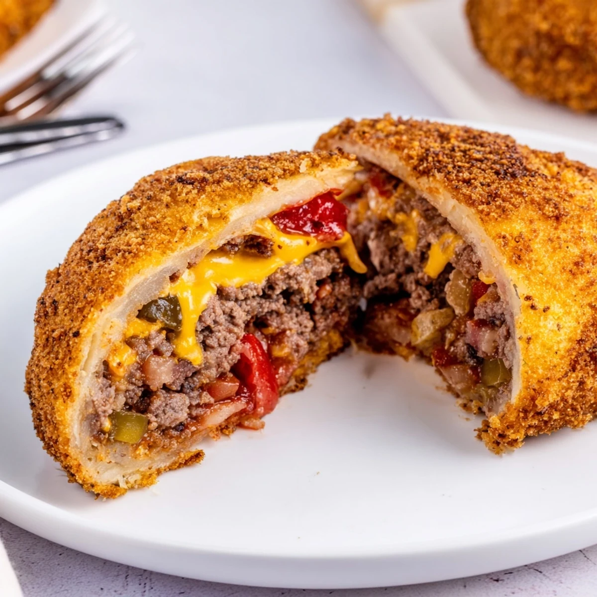 Fried cheeseburger onion ring rolls with melted cheddar and pickles on a wooden serving board.