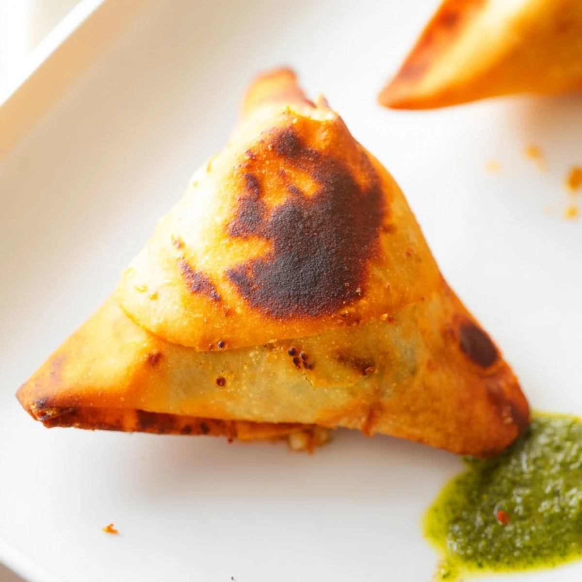 Golden-brown Spiced Meat Sambusas rest on a plate, their crispy triangular pastry revealing aromatic ground beef and onion filling.