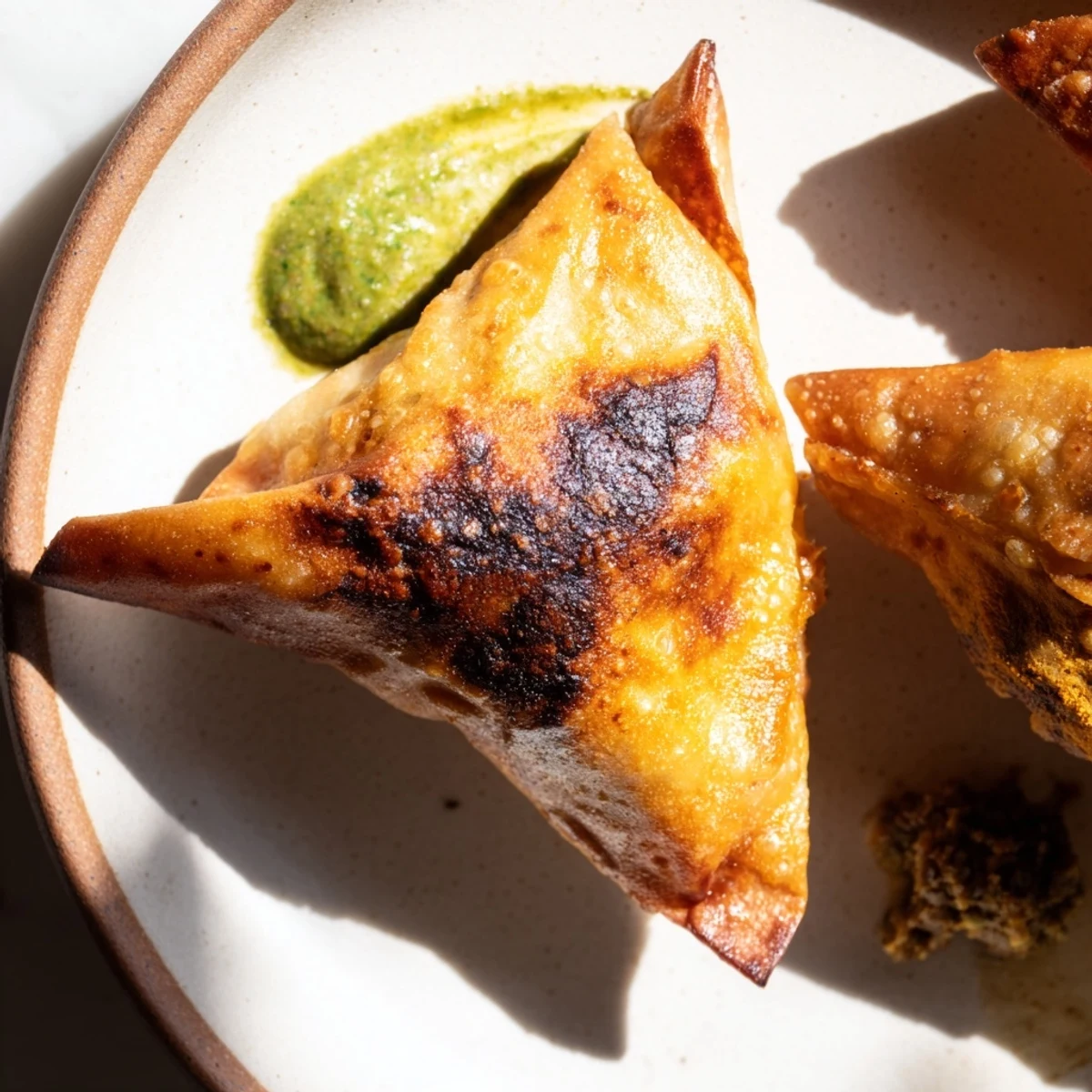 A close-up of freshly fried Spiced Meat Sambusas shows flaky, golden pastry layers and steam rising from the savory spiced meat.