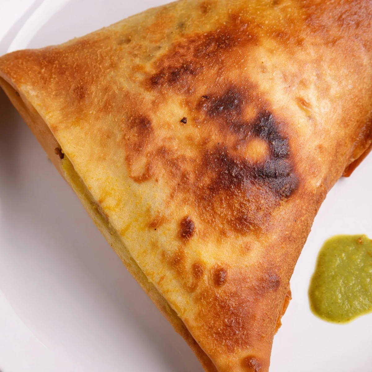 Spiced Meat Sambusas are arranged on a serving platter with lemon wedges and a small bowl of chutney for dipping.