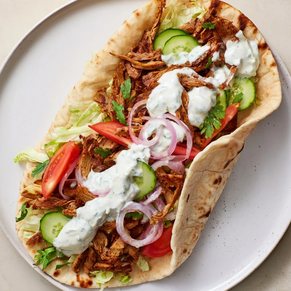 Freshly assembled Homemade Doner Kebab wrap with juicy spiced meat, crisp lettuce, tomato, and creamy garlic sauce in warm pita bread.