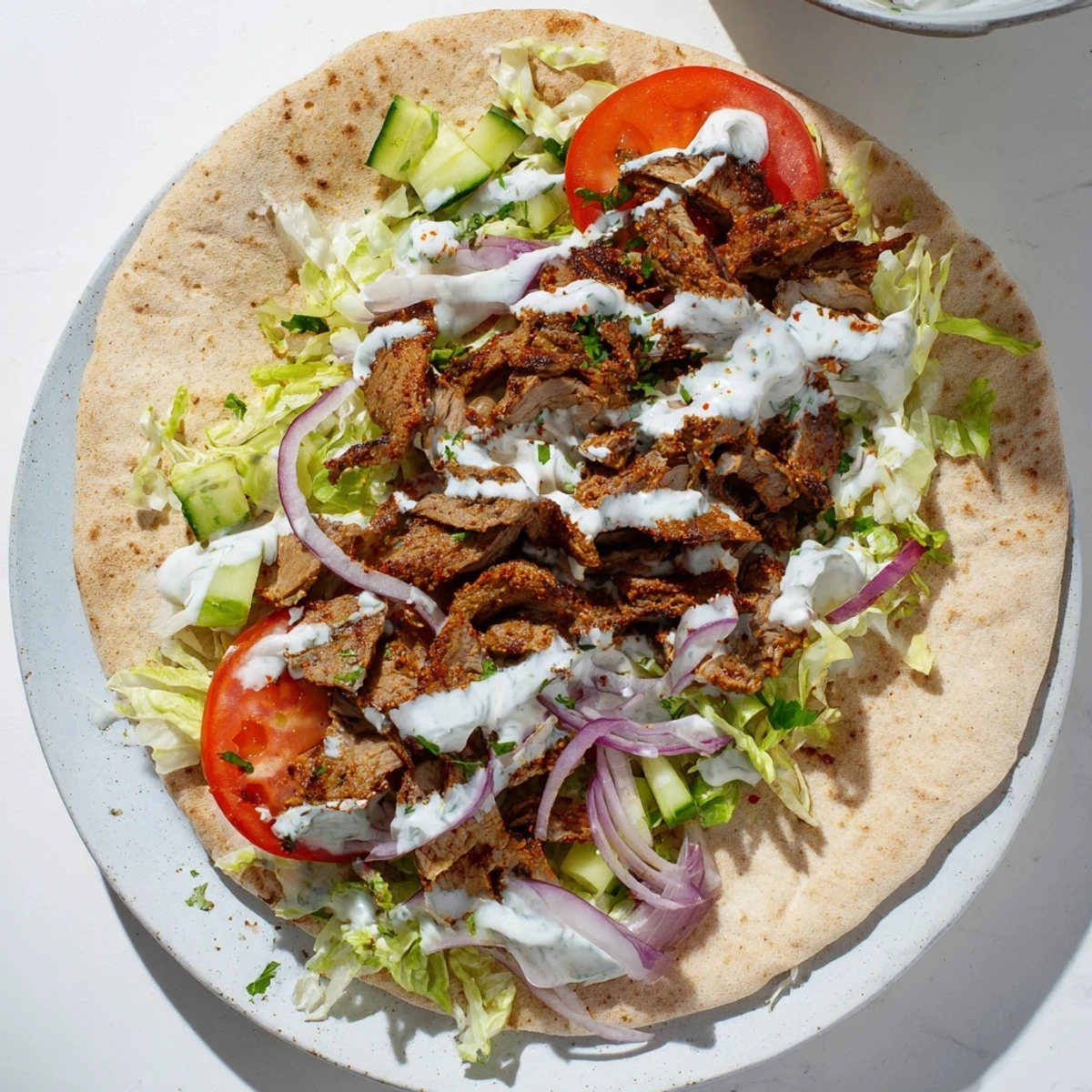 Sliced skewers of Homemade Doner Kebab meat sizzling on a grill, served with fresh vegetables and tangy yogurt sauce.