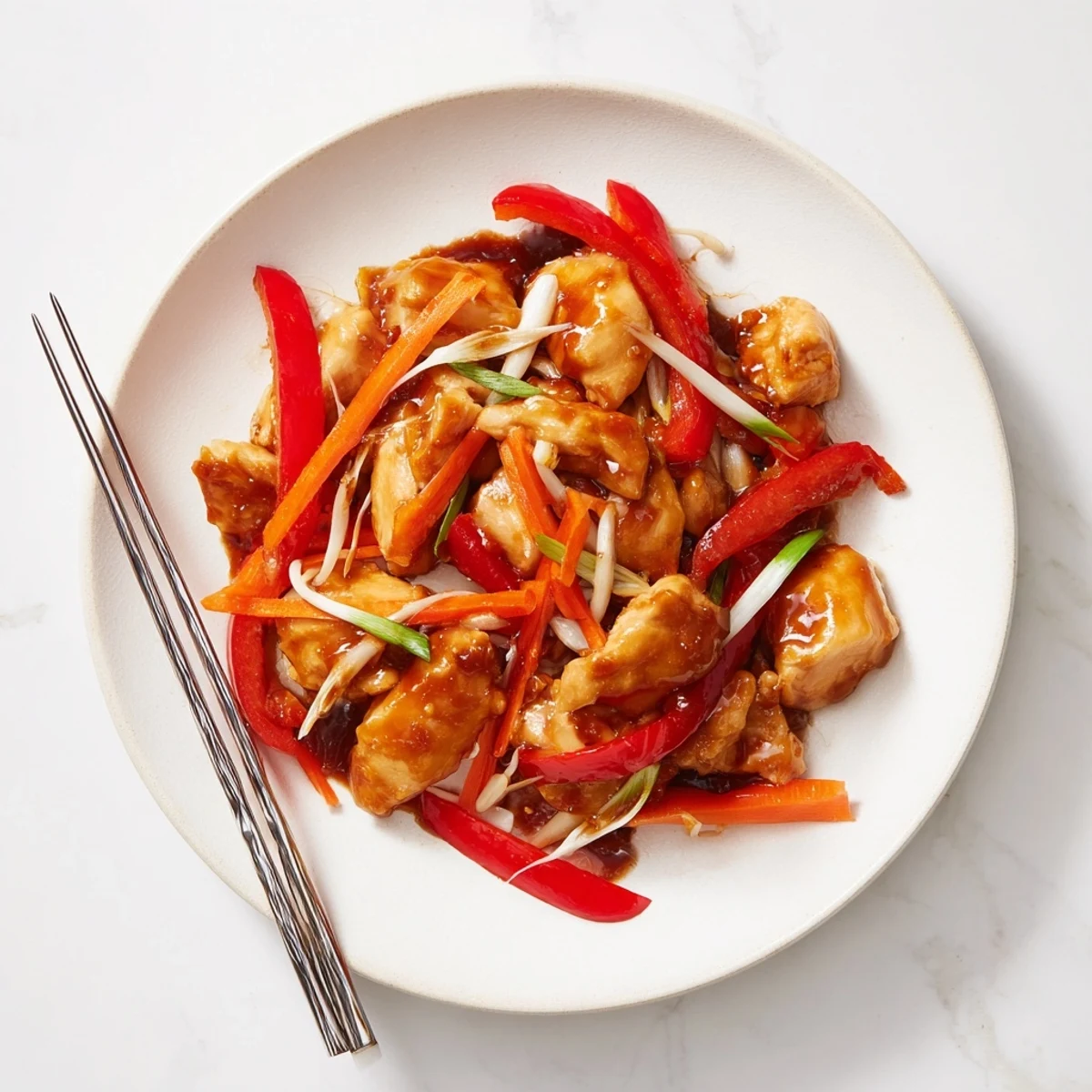Freshly cooked Peking Style Chicken glistens in a hot wok with vibrant red bell peppers and crisp bean sprouts.
