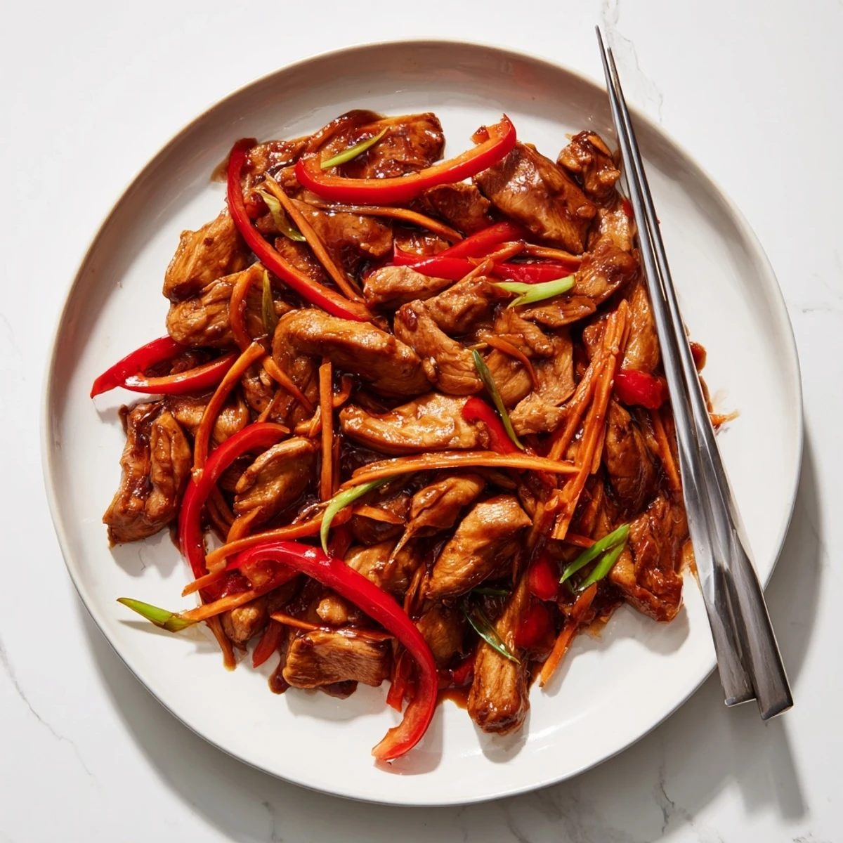 A close-up of tender Peking Style Chicken served over steamed jasmine rice with chopped scallions.