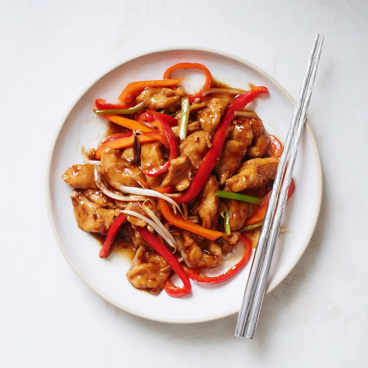 Peking Style Chicken stir-fry on a plate with colorful carrots and peppers, ready to be enjoyed.