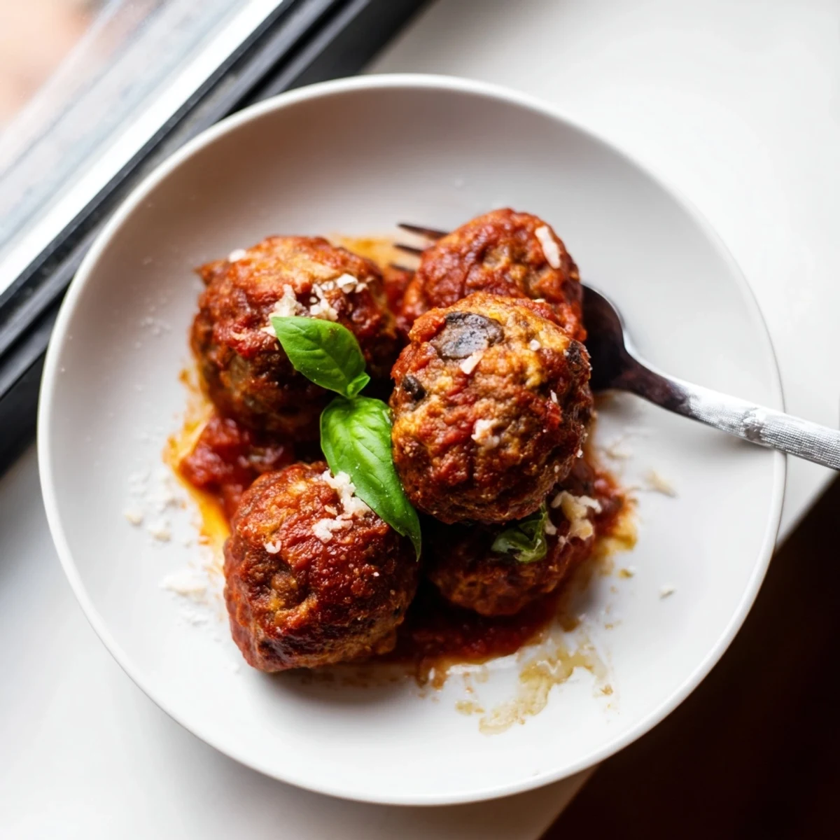 Plated spaghetti topped with tender ricotta and mushroom meatballs in tomato sauce, ready for a family dinner.