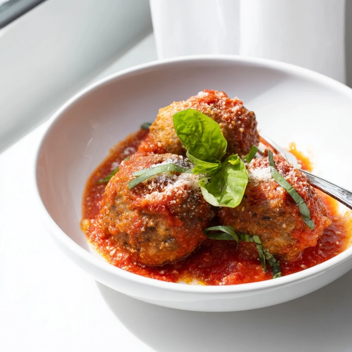Golden-baked ricotta and mushroom meatballs simmer in a rich, aromatic tomato sauce, garnished with fresh basil.