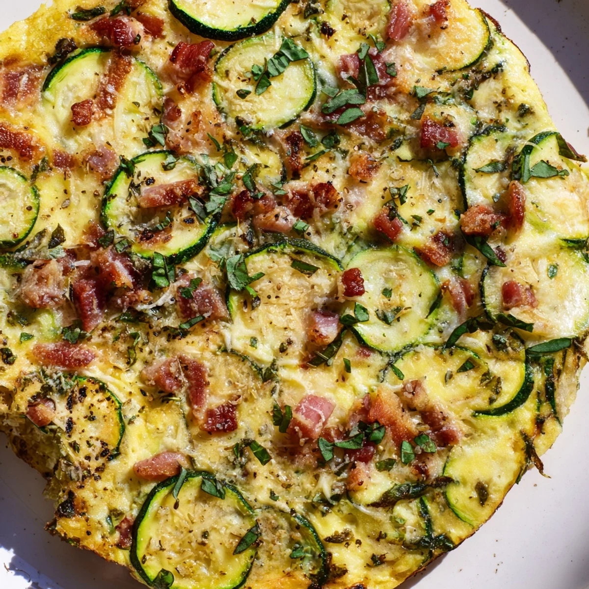 Golden slices of Zucchini Herb and Pancetta Frittata show crispy pancetta and tender zucchini on a rustic plate.