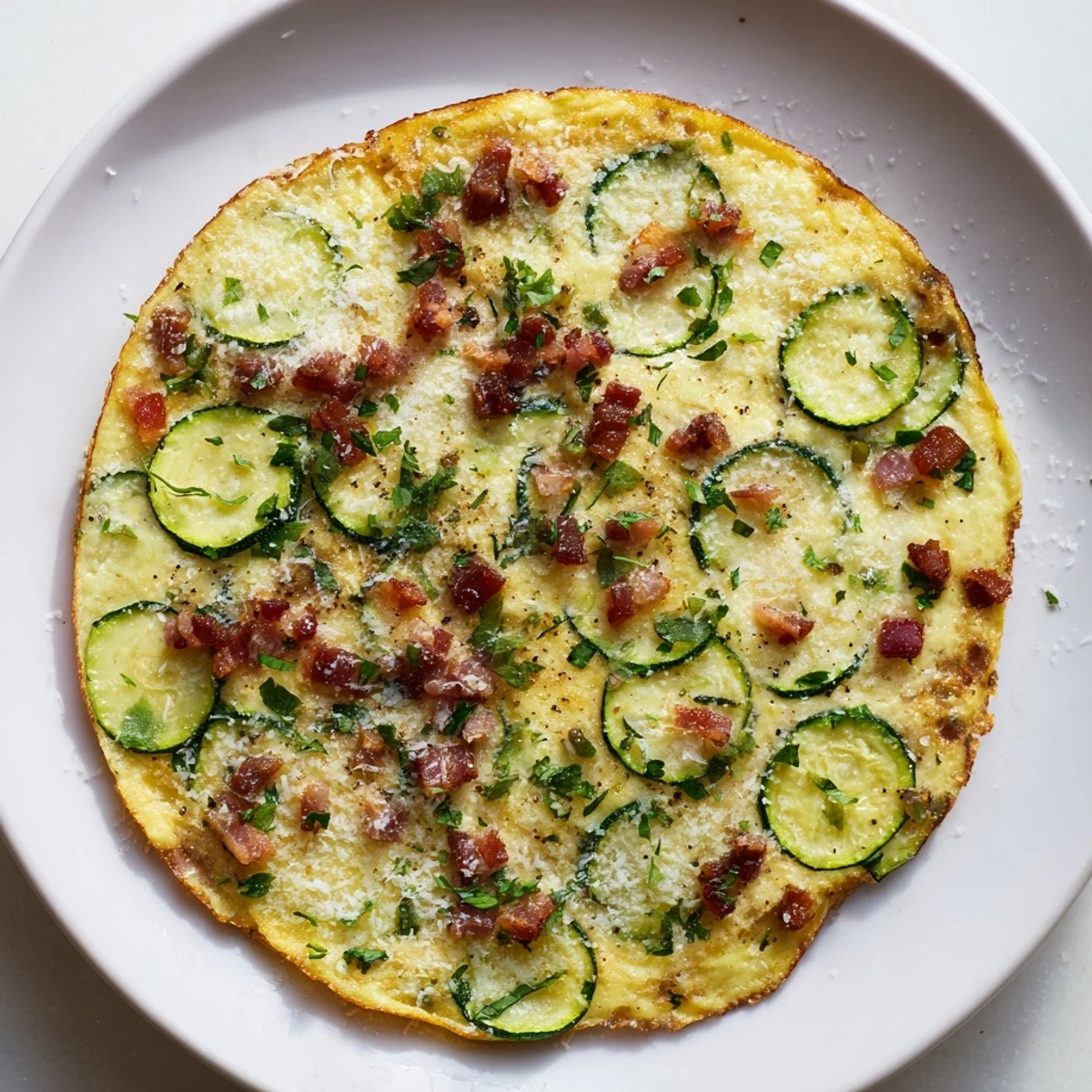 Zucchini Herb and Pancetta Frittata sits in a skillet, garnished with fresh herbs and served with salad.
