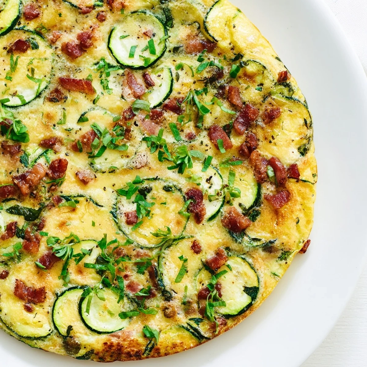 A close-up of Zucchini Herb and Pancetta Frittata highlights fluffy eggs, melted Parmesan, and savory pancetta pieces.