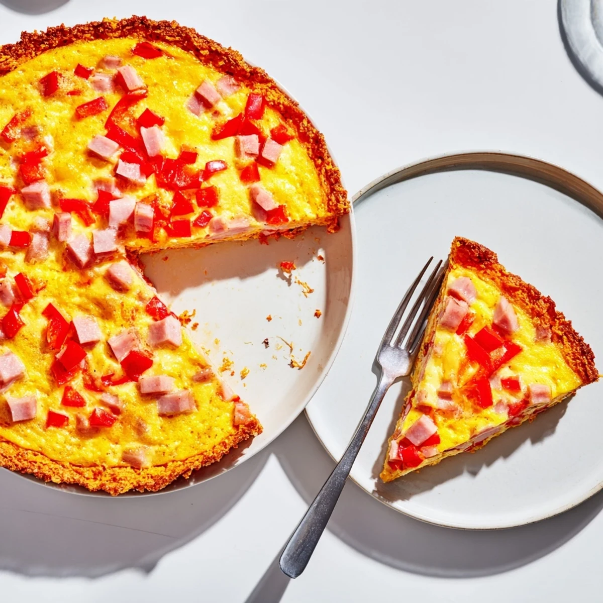 A freshly baked Red Capsicum and Ham Quiche on a wooden board, featuring a colorful filling of ham, onion, and sweet peppers ready to slice.