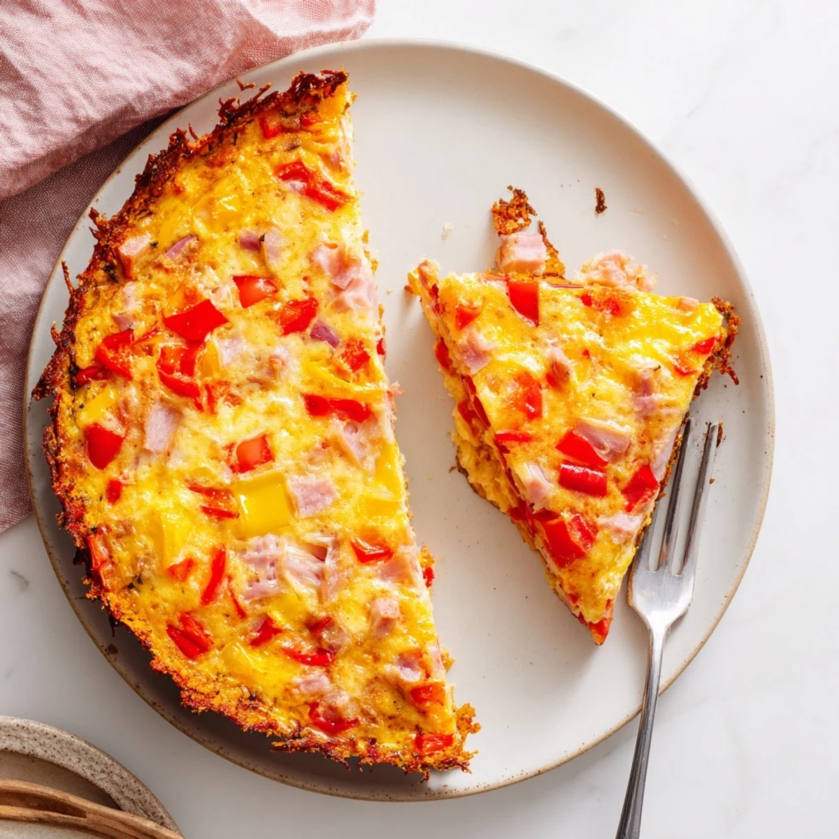This close-up of Red Capsicum and Ham Quiche shows a golden, gluten-free sweet potato crust slice filled with diced ham and red bell peppers.
